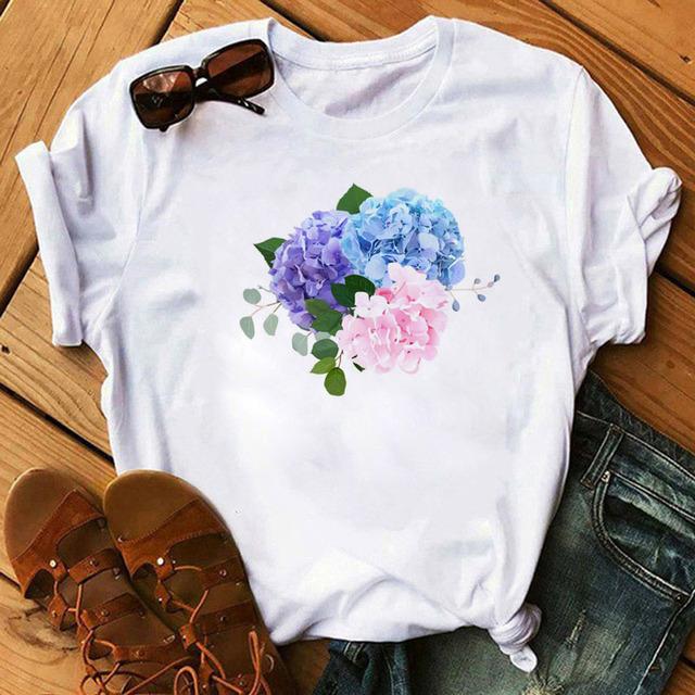 Fashion Women T Shirt Red Rose Flower Printed T-Shirt Harajuku Short Sleeve Tops Female Ladies Cute Graphic Tee Shirts T-Shirt