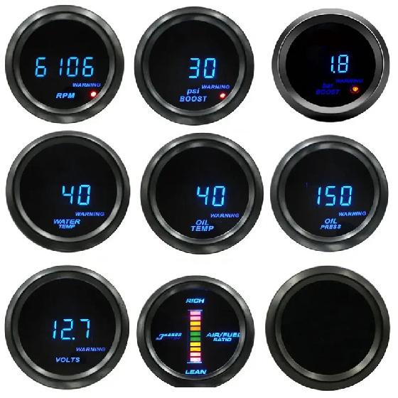 52mm Digitalanzeige mit blauem Hintergrund Ladedruck PSI BAR Öldruck Öl Wassertemperatur Voltmeter Drehzahlmesser RPM-Anzeige mit Warnleuchte