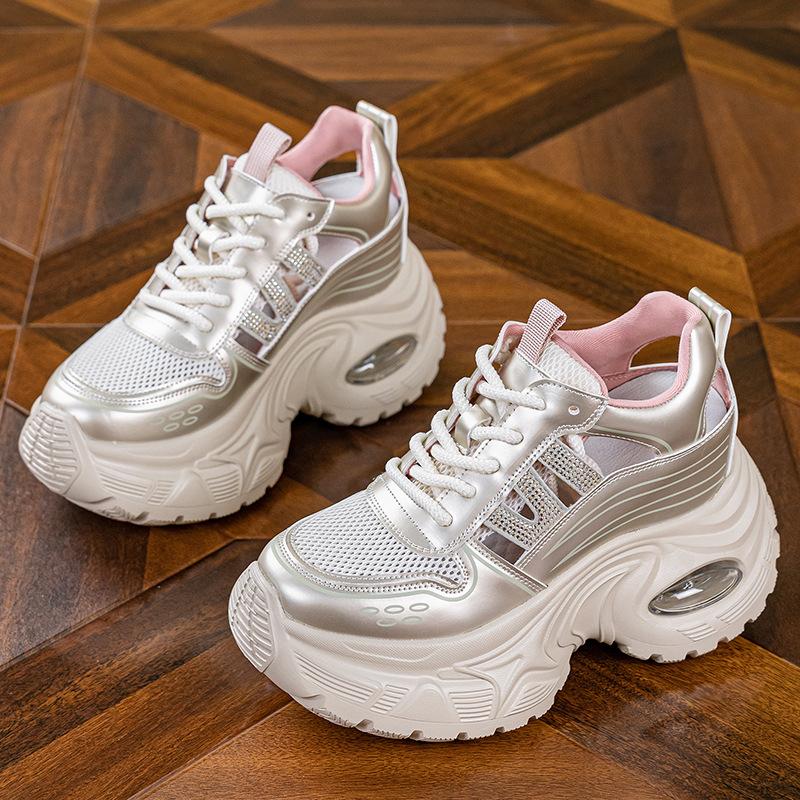 

Thick-soled inner height increase dad shoes women s new mesh hollow breathable sports and leisure shoes small muffin shoes 34 розовый