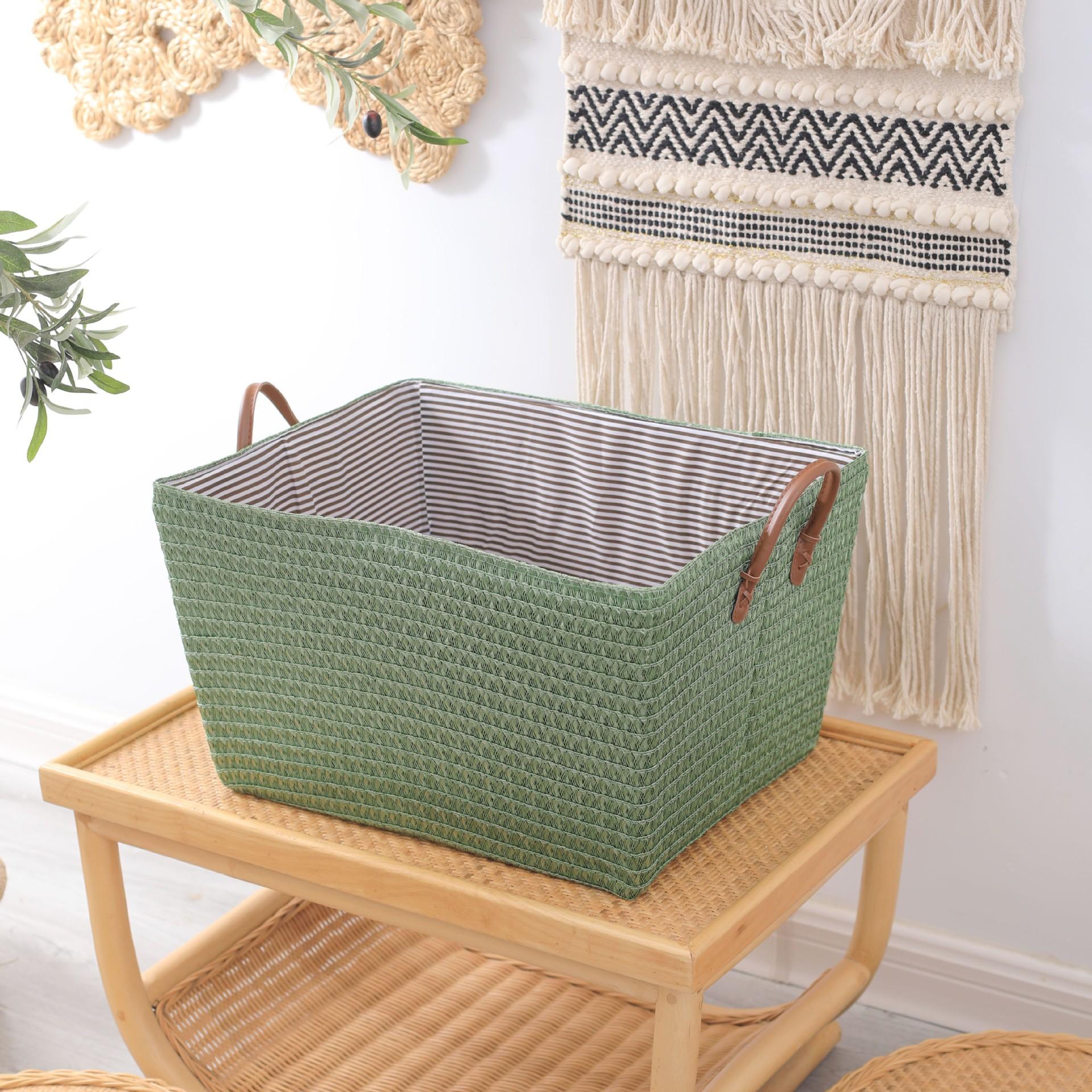 1PCS Woven Rattan Laundry Storage Basket, Collapsible Organization Rectangular Folable Reusable Container with Handle зелёный