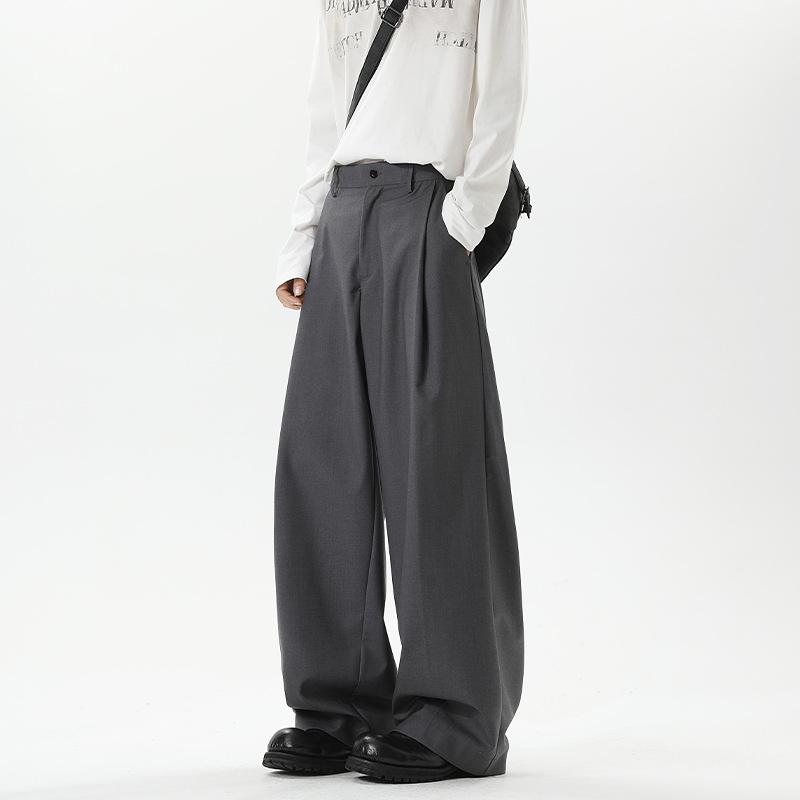 Men Black Pleated Loose Wide Leg Straight Casual Suit Pants