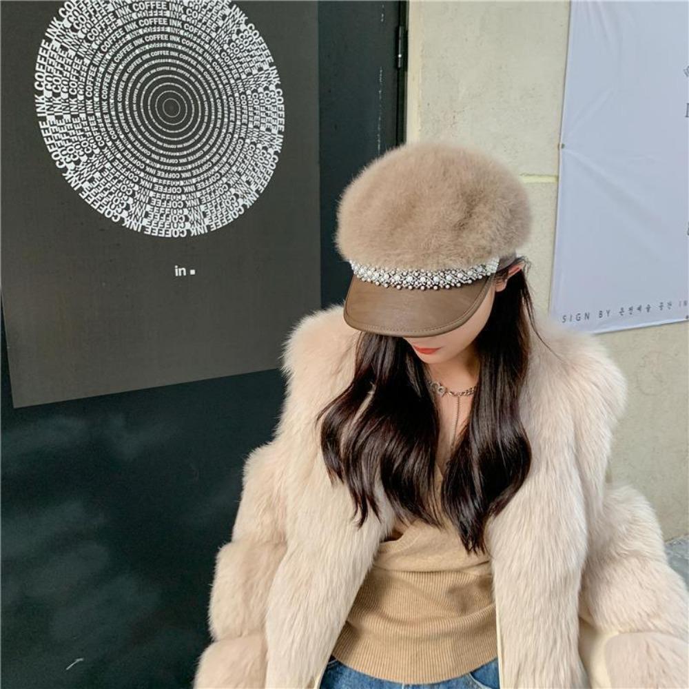 Women's Hats Fall and Winter Plush Flat Top Navy Hat Fashion Versatile Pearl Cap Lace Winter Star Anise Beret
