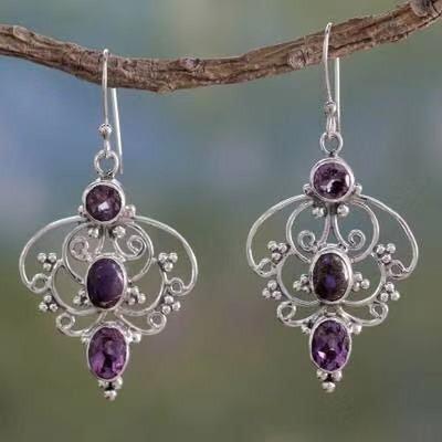 Huajie Inlaid Amethyst Zirkon Blütenförmige Ohrringe für Frau Durchbohrte Hängende Ohrstecker Party Neuer Modetrend