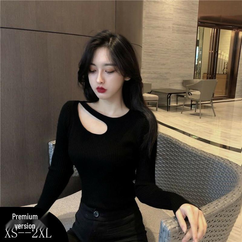Chic Slim-Fit Black Women's Long-Sleeve T-Shirt for Autumn/Winter