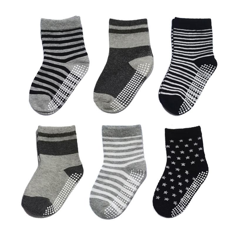 

6 пар детских носков в полоску со звездочками, нескользящие напольные носки для малышей и маленьких мальчиков L 3-5Y 14-16cm