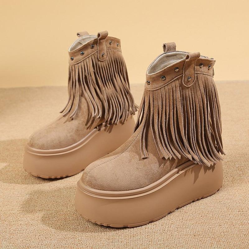 8CM Women Tassels High Heels Thick Platform Short Boots Chunky Leather Shoes Woman Autumn Winter Platform Motorcycle Boots Botas