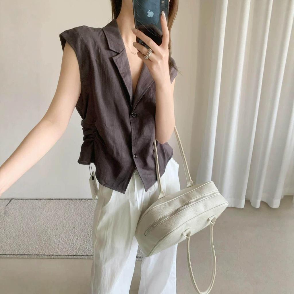 1116 summer new old money style retro linen waist V-neck cotton shirt women's short shirt shirt