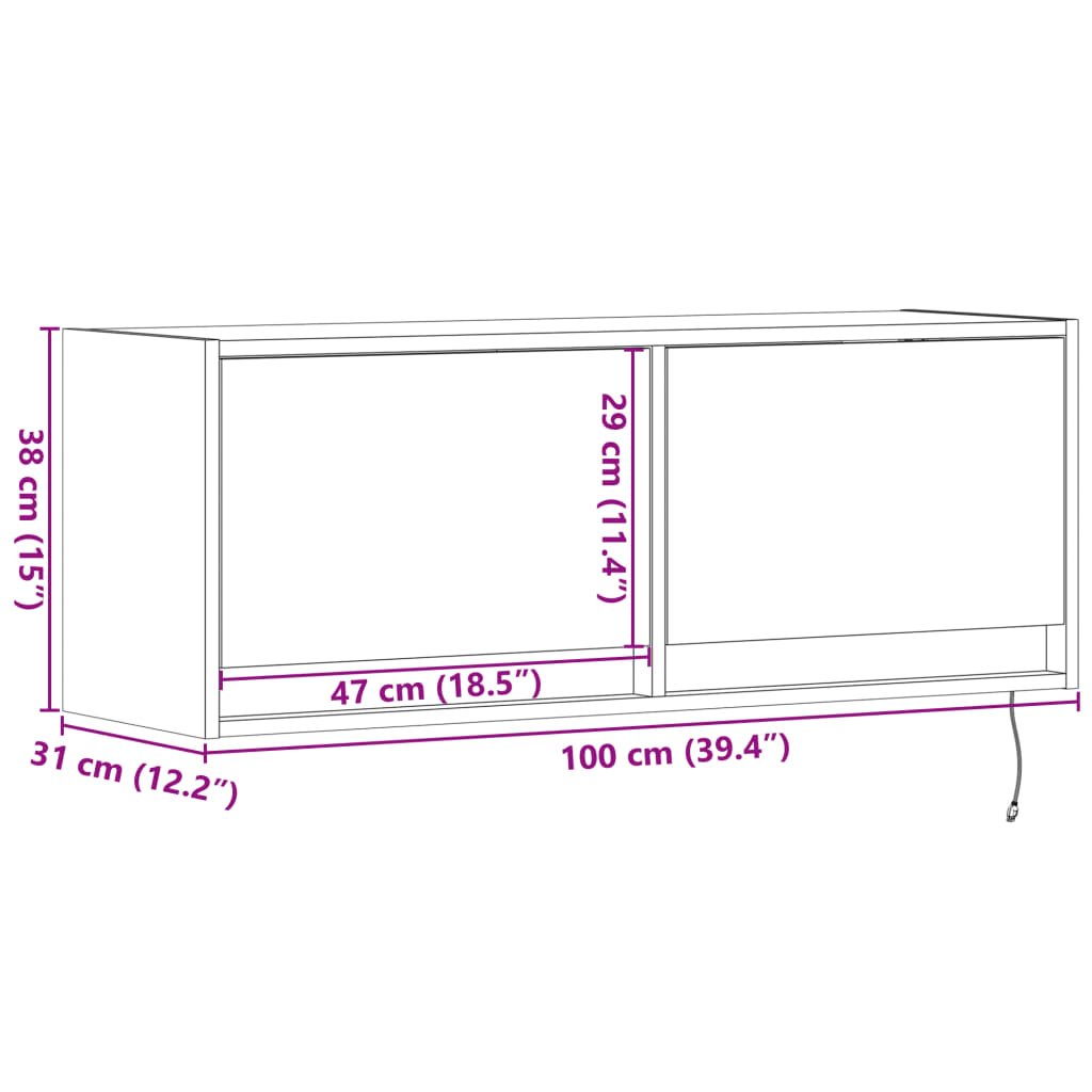 Wall Mounted TV Cabinet with LED Lighting Grey Sonoma 100 x 31 x 35 cm