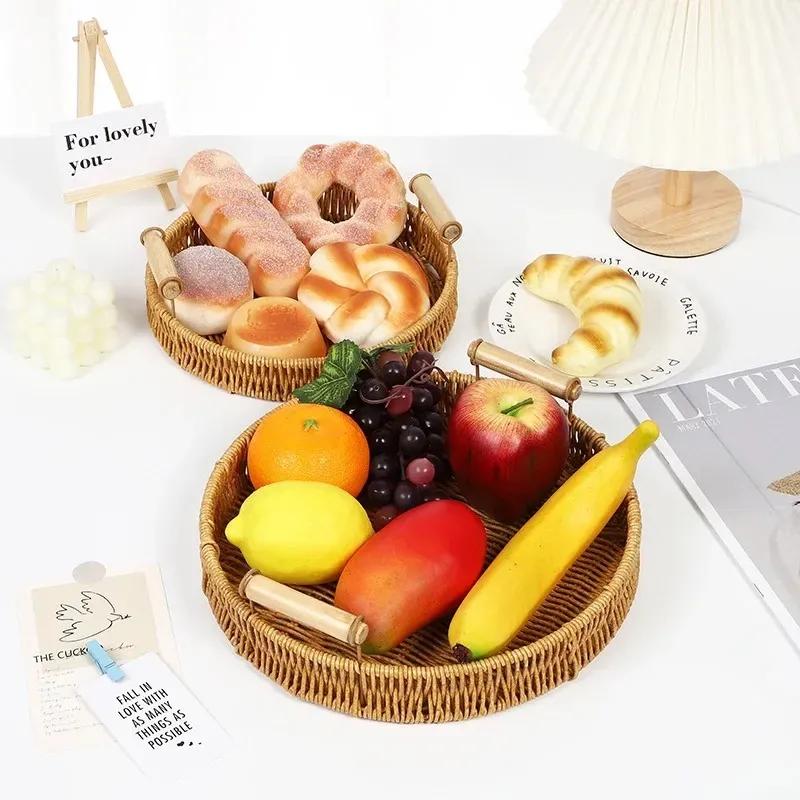 2025 Plastic Storage Tray With Handle Imitation Rattan Weaving Basket Sundries Plate Fruit Platter Tea Tray Dinner Serving Trayfor Imitation