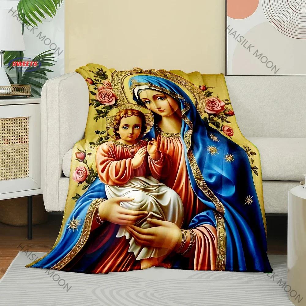 3D Panna Maria Modlící se Křesťanský Bůh Flanelová Umělecká Deka Přehoz na Pohovku Postel Kancelář Čtyři Roční Období Měkká Nadýchaná Prošívaná Deka Flanelový Přehoz
