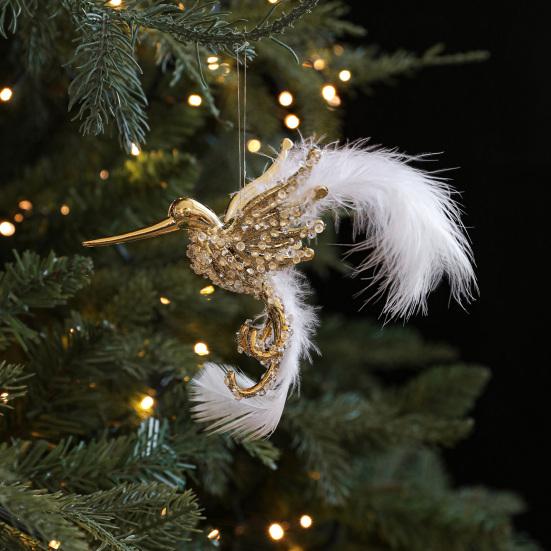 Glitter Rhinestone Hummingbird Ornament White Feather Flying Hummingbird Christmas Tree Hanging Ornament for Home Holiday Party Decor