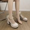 Mary Jane High Heels Spring and Autumn Bow Round Head Pearl White Retro Thick Heel Single Shoes