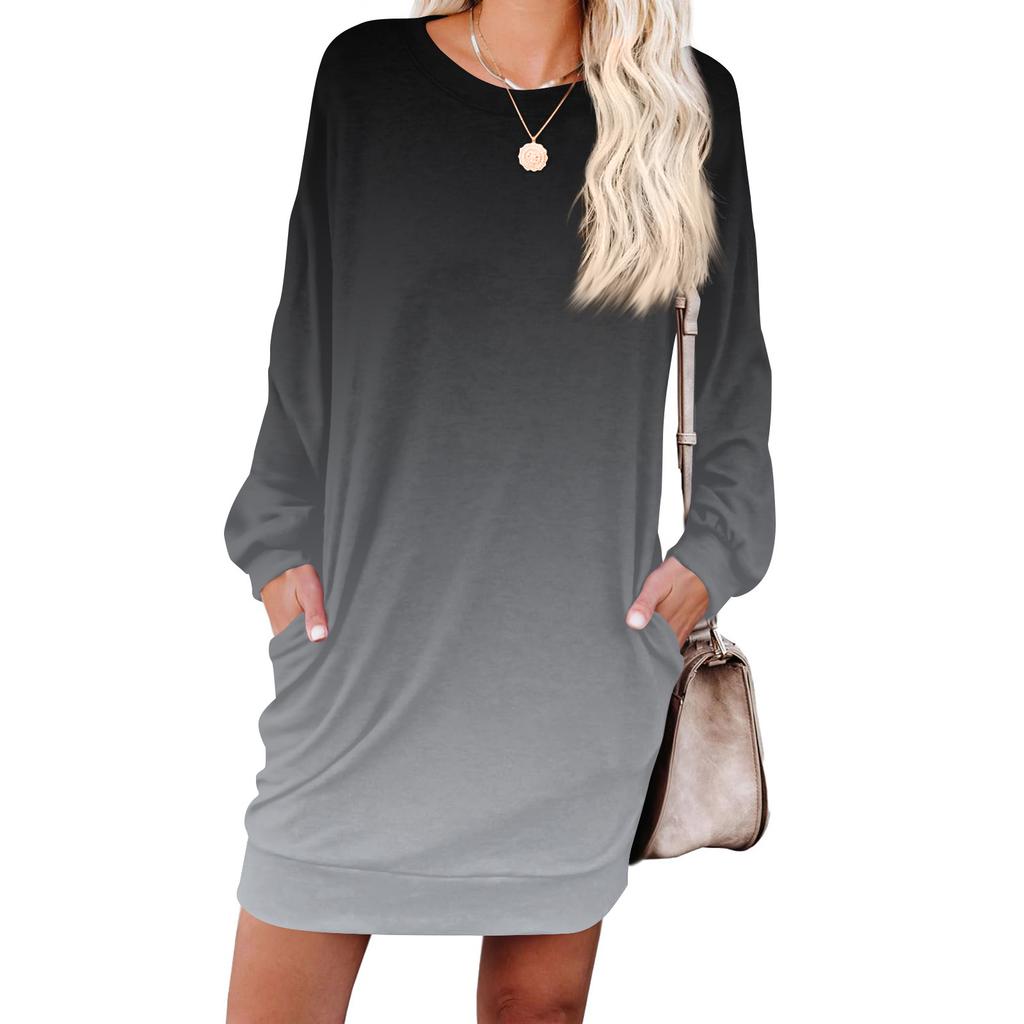 Women's Gradient Printed Fashionable Long-sleeved Round-neck Pocket Dress