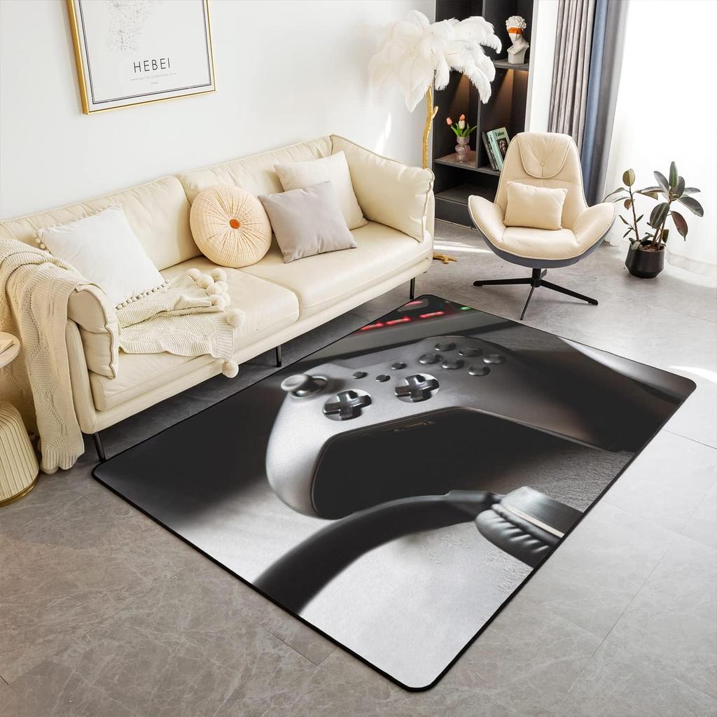 Gaming Controller Rug - Washable Video Game Carpet for Bedroom & Living Room, Black Gamer Floor Mat, Boys Game Room Decor