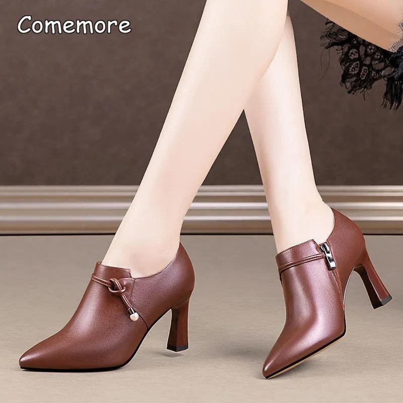 Fashion Comemore Women Fashion High Quality Zipper Short Ankle Women's Spring Boots Lady Brown Black Boot Autumn Shoes Leather Pumps 40