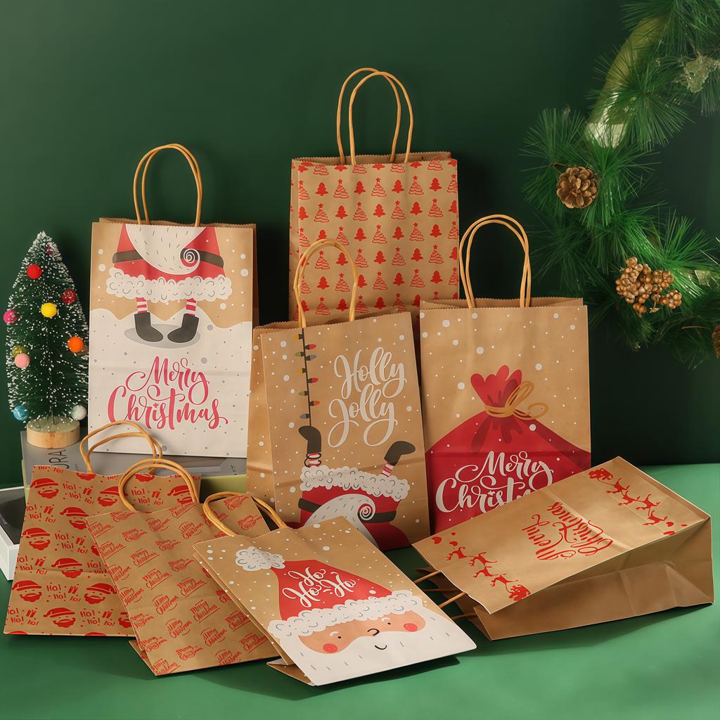 1set Santa Claus kraft paper bags, Christmas tote bags, party gift bags, and gift bags