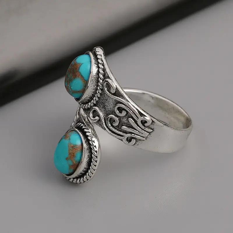 Huitan Vintage Style Opening Ring Female Anniversary Party Accessories Retro Blue Imitation Turquoise Stones Finger Jewelry Gift