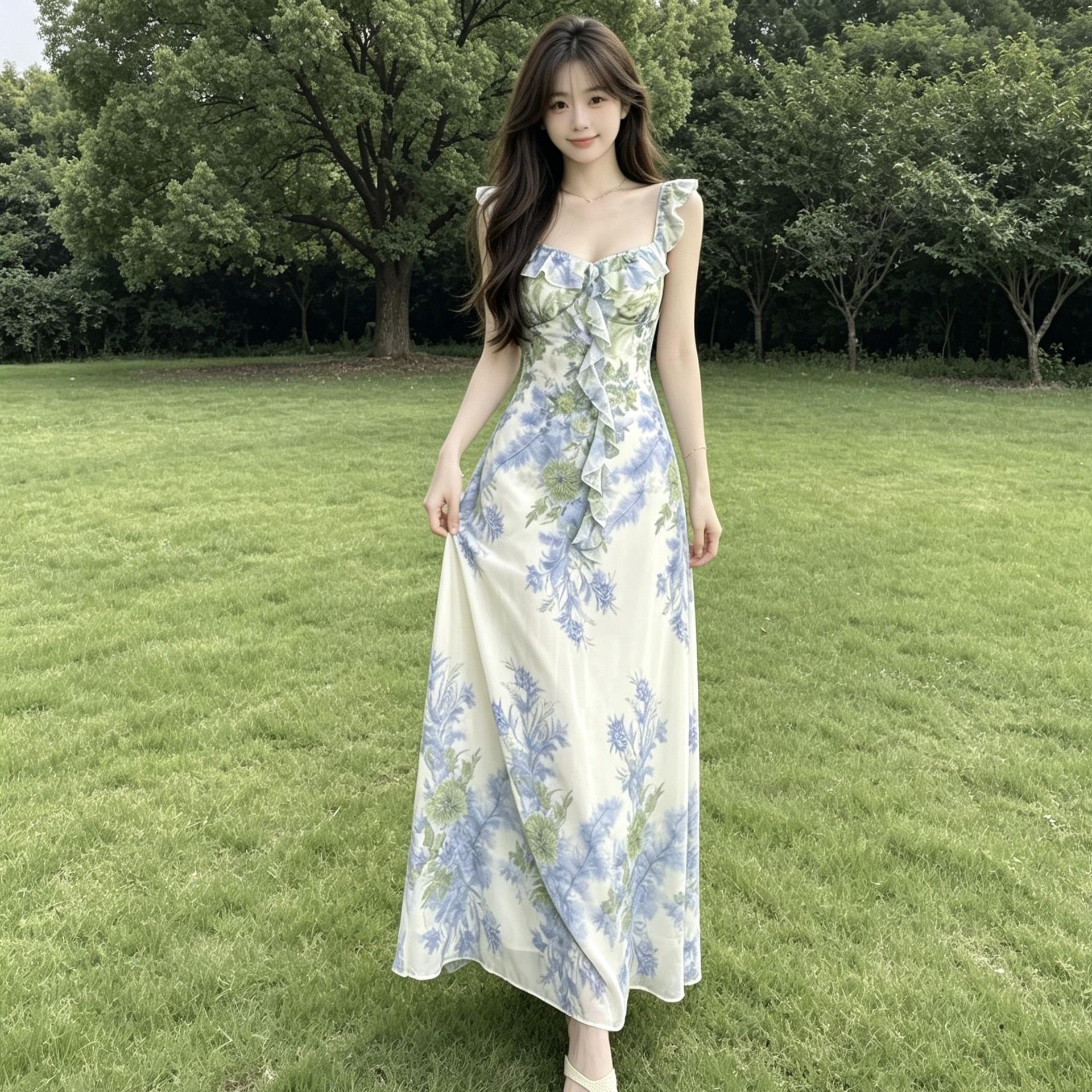 Fresh lotus leaf edge floral skirt French style girl 2026 summer retro green mint mambo vacation style big swing skirt S