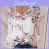 Elegant Women Casual Floral Printed Buttons T-shirt Ladies Chiffon Irregular Tops Blouse