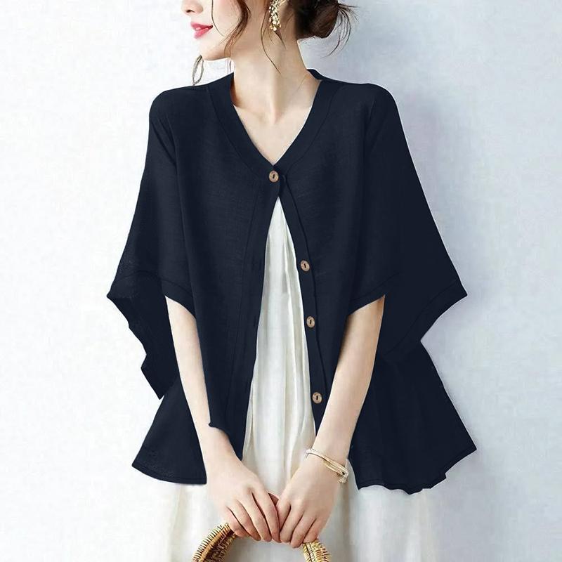 ZANZEA Women Casual Round Neck Half Sleeve Loose Cardigan Blouse