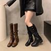 Shoes for Women Autumn Fahsion Buckle Knee High Boots Retro Tall Boots Woman Pleated Low Heel Casual Leather Female Long Boots
