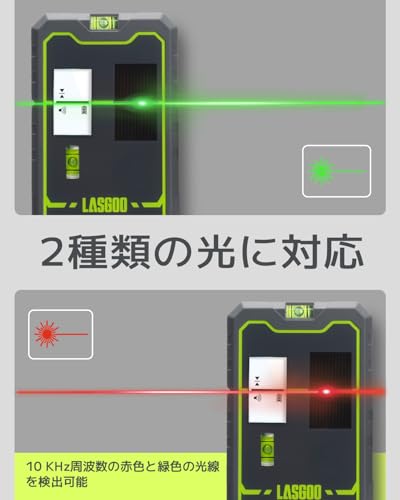 LasGoo LG-REC01 Laser Level Receiver with Dual LCD Display & Bubble Level, Green & Red Laser Beam Detector for Pulse Line Lasers, Up to 50m, Built-in