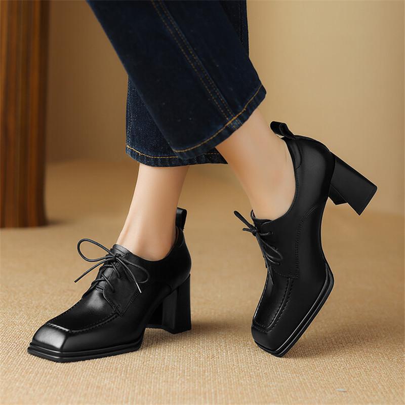 Fashion New Spring Genuine Leather Women Shoes French Retro Square Toe Lace Women Pumps High Heels Loafers Shoes for Women Ladies Shoes