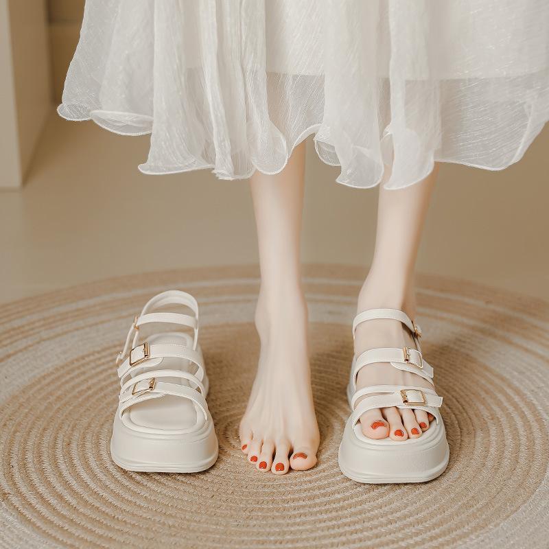 Muffin sole sandals women's summer new thick sole one-word buckle bandwidth strip outer wear thick heel Roman shoes beach shoes