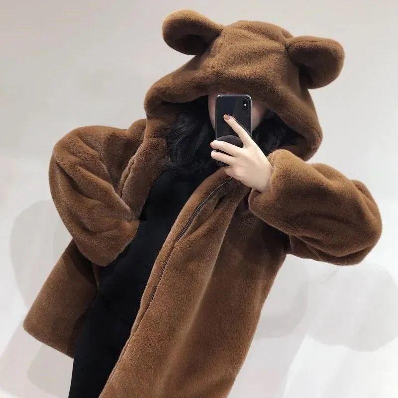 

Autumn and winter new hooded loose cute bear ears thickened plush medium and long imitation fur coat for women XXL