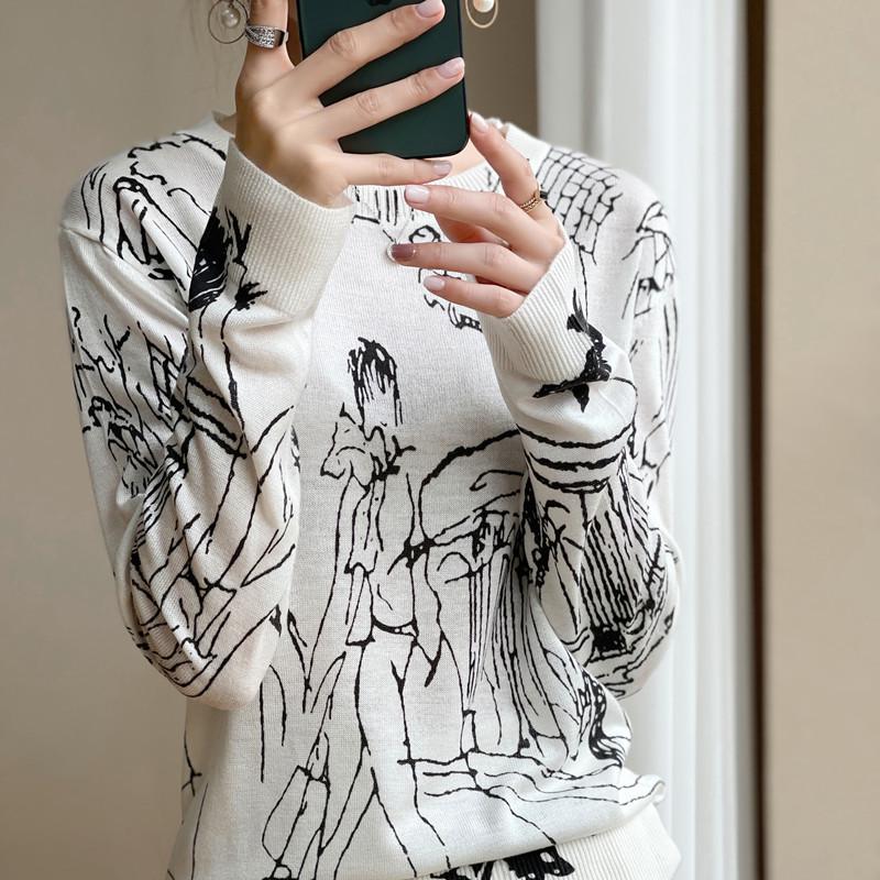 Women's Early Spring Loose Knit Pullover: Color Block Merino Wool Long Sleeve Sweater