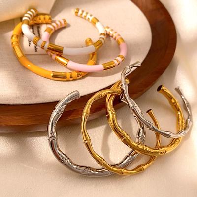 CARLIDANA Klobaches Emaille Bambus Bunt Öl Tropfen Design Offener Armreif Vergoldeter Edelstahl Verstellbares Armband Damen