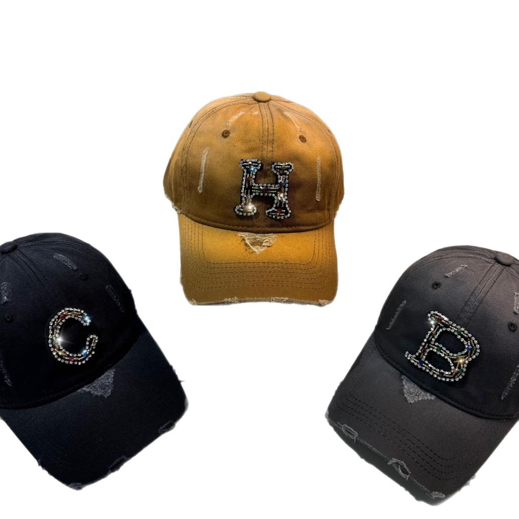 Spring and Summer New Heavy Industry Rhinestone Letter Washed Hole Baseball Cap American Personality Small Fragrance Gradual Change Cap Woman