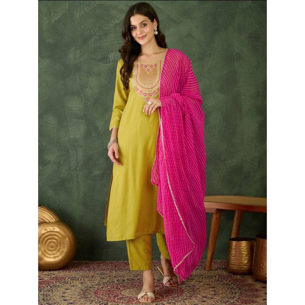 Damen Rayon Bestickter Gerader Kurta mit Hose und Dupatta Sets