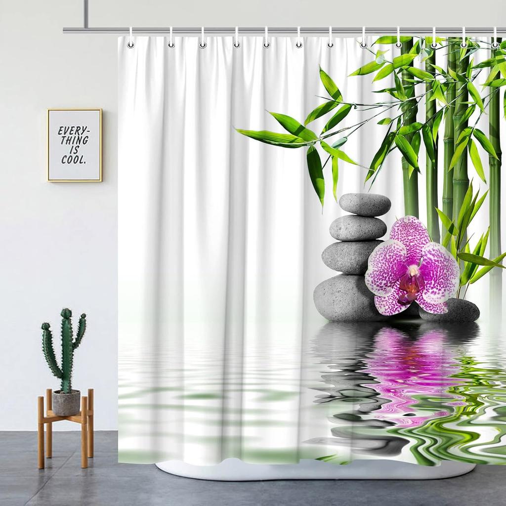 Zen Shower Curtains Green Bamboo Purple Flower Stone Reflection Water Landscape Spa Garden Pattern Print Bathroom Accessories