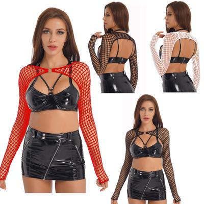 Women Fishnet See Through Cover Up Shrug Long Sleeve Crop Tops Shirts
