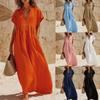 Maxi Abito da Donna in Cotone e Lino Manica Corta Zip Frontale Vestibilità Larga Casual Lungo con Collo per Uso Quotidiano