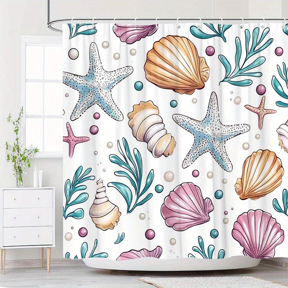 

1Pc Seaside Whimsical Shower Curtain With Pastel Seashells & Pearls – White Polyester Fabric, 70X70 Inches, Includes 12 Hooks Fo W60H190(CM)-1 Pcs