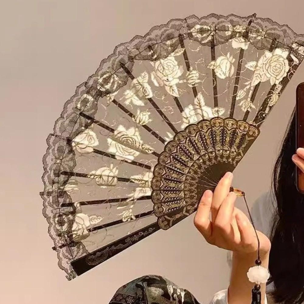 Fashion Floral Pattern Lace Hand Fan Tassel Design Small Size Folding Fan Chinese Style Foldable Decorative Fan Photo Props
