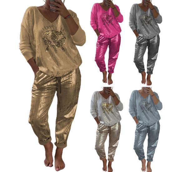 2 Pcs/Set Women Top Pants Set Eye Print Longs Sleeve V Neck