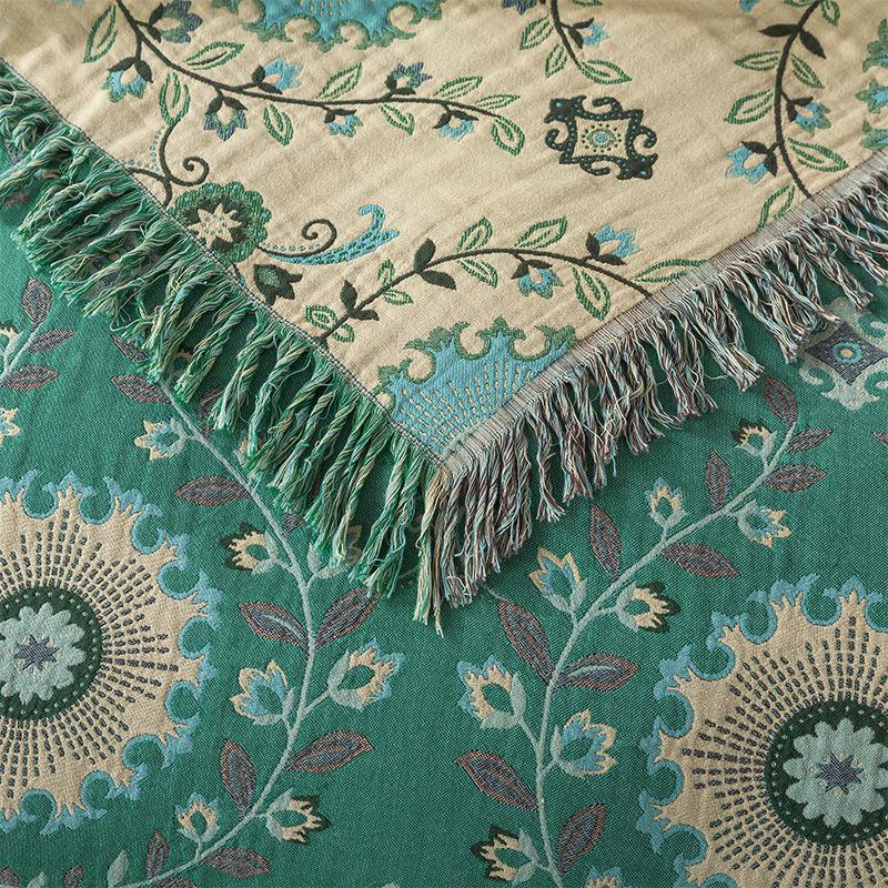 Green/brown blanket, double flower tassel, sofa blanket, double-sided blanket, pure cotton