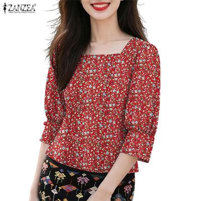Damen Sommer Quadratkragen Lässig 3/4 Ärmel Blumenbluse