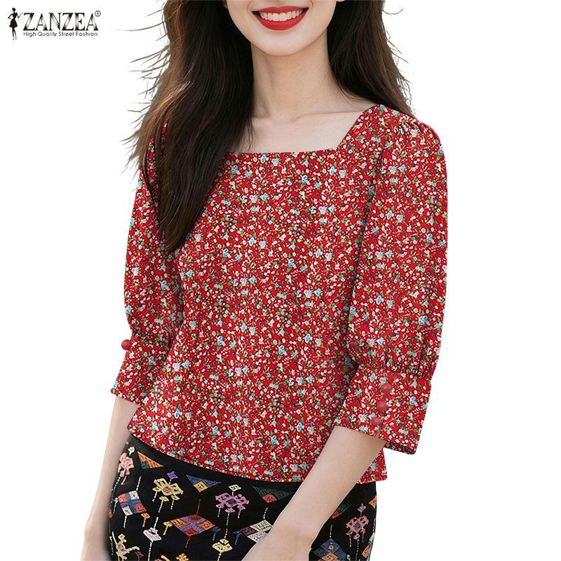 

ZANZEA Женская летняя блузка с квадратным вырезом, рукавами 3/4 и цветочным принтом 5XL красный
