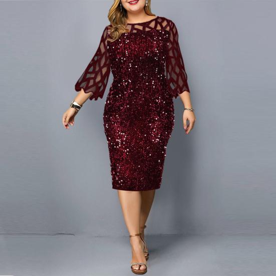 Damen O-Ausschnitt, 3/4-Ärmel, transparentes Patchwork, glänzende Pailletten, figurbetontes, knielanges Kleid