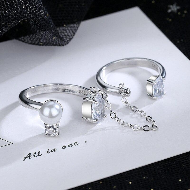 Sterling Color Combination Open Party Event Jewelry Rings Pearl Cubic Zircon Long Tassel Chain Finger Rings Women Best Gathering Souvenir