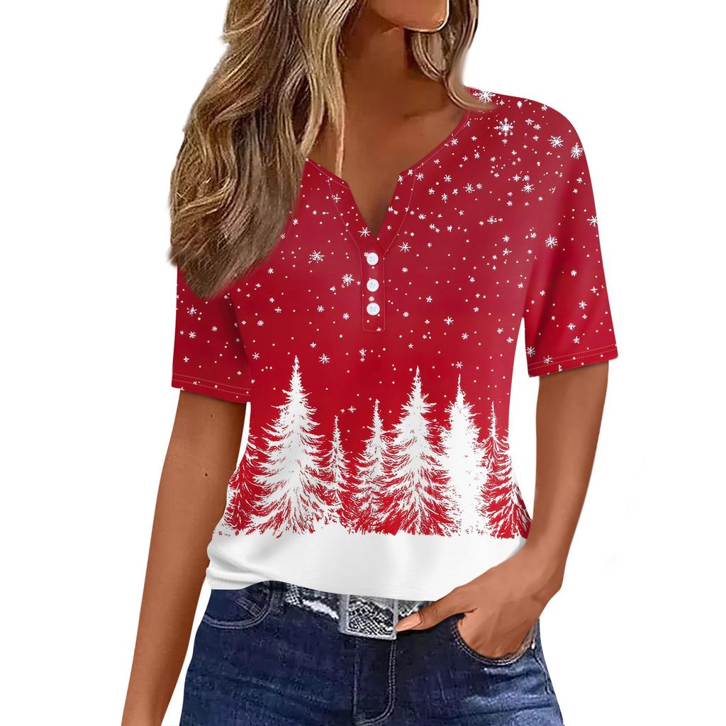Women's T Shirt Christmas Print Button Short Sleeve Daily Weekend Fashion Basic V- Neck Regular Top