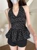 Women's Polka Dot V-Neck Halter Tank: Summer Casual Cinched Waist Top for Layering.