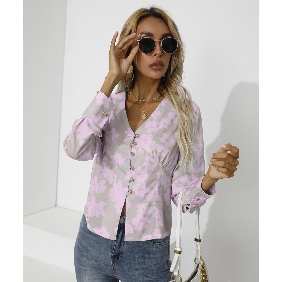 

Рубашка однобортная с V-образным вырезом и длинными рукавами с осенним принтом S розовый