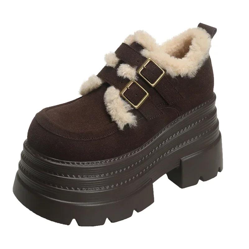 10CM New Winter Chunky Casual Snow Shoes Woman High Platform Wedge Heels Warm Fur Sneakers Fashion Women Buckle Leather Shoes