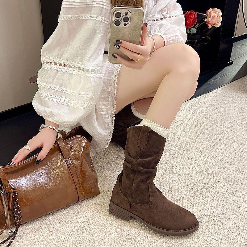 Women's Retro 8cm Height-Boost Mid-Calf Martin Boots - Slim Fit, Pleated Design, Versatile for Autumn/Winter