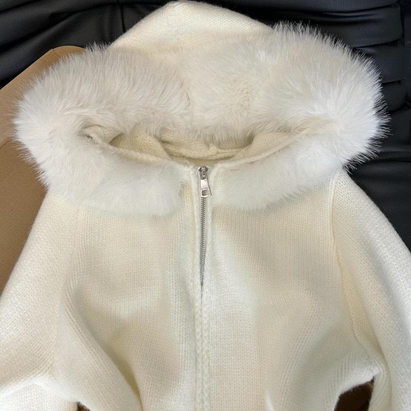 Women Autumn Winter Hooded Faux Fur Collar Sweater Coat Jacket Women Zipper Cardigan Female Long Sleeve White Knitted Sweaters